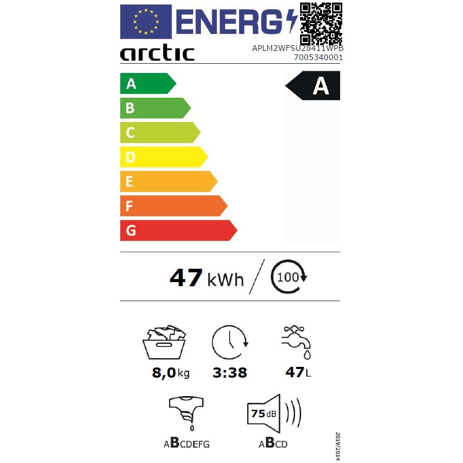 Masina de spalat rufe Arctic APLM2WFSU28411WPB, 8 Kg, 1400 RPM, Clasa A, Motor Silent Inverter, ExtraSteam, IronExpress, Recycled Tub, Fast/Intensive, Steam, WaterMode, Child Lock, Add-In, Alb