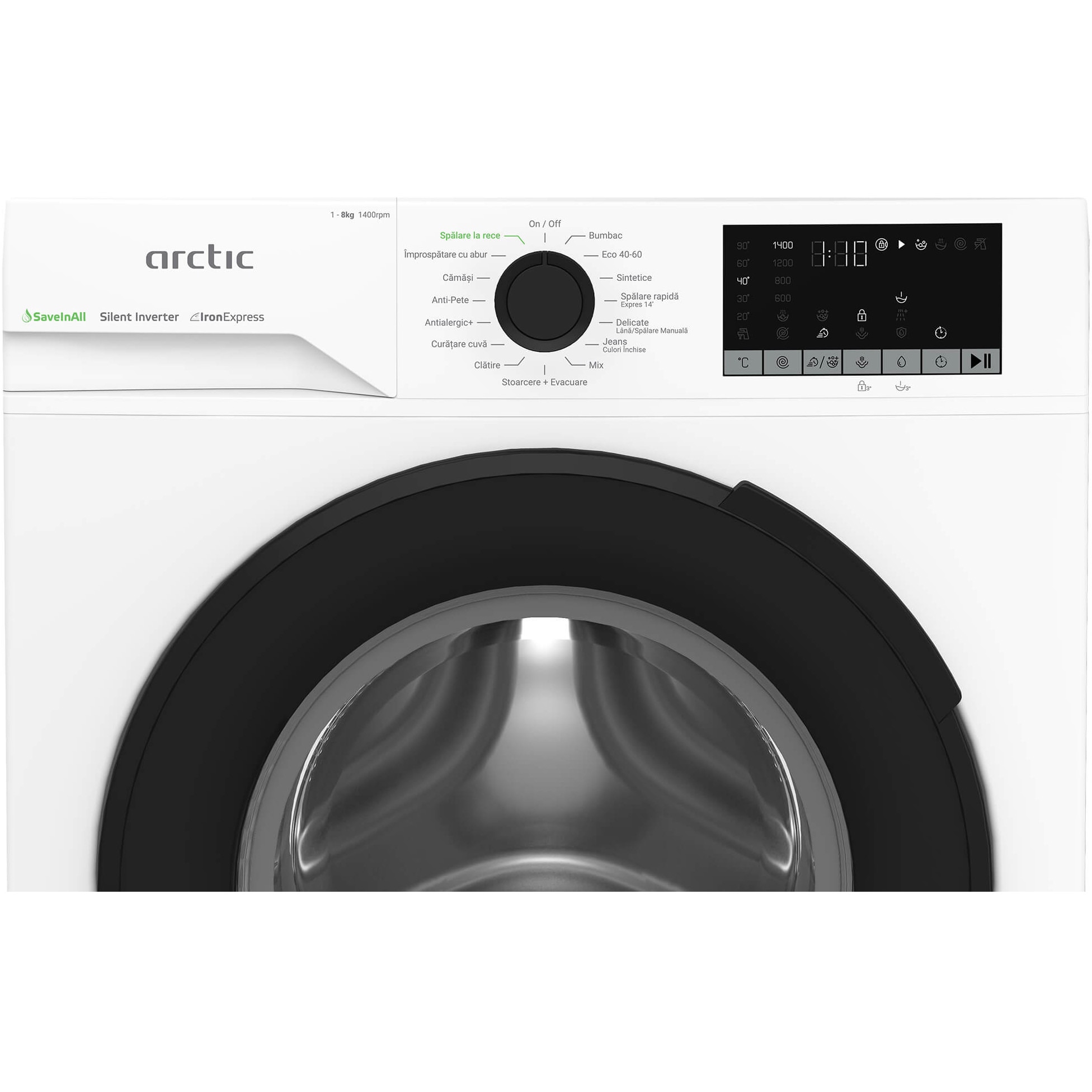 Masina de spalat rufe Arctic APLM2WFSU28411WPB, 8 Kg, 1400 RPM, Clasa A, Motor Silent Inverter, ExtraSteam, IronExpress, Recycled Tub, Fast/Intensive, Steam, WaterMode, Child Lock, Add-In, Alb