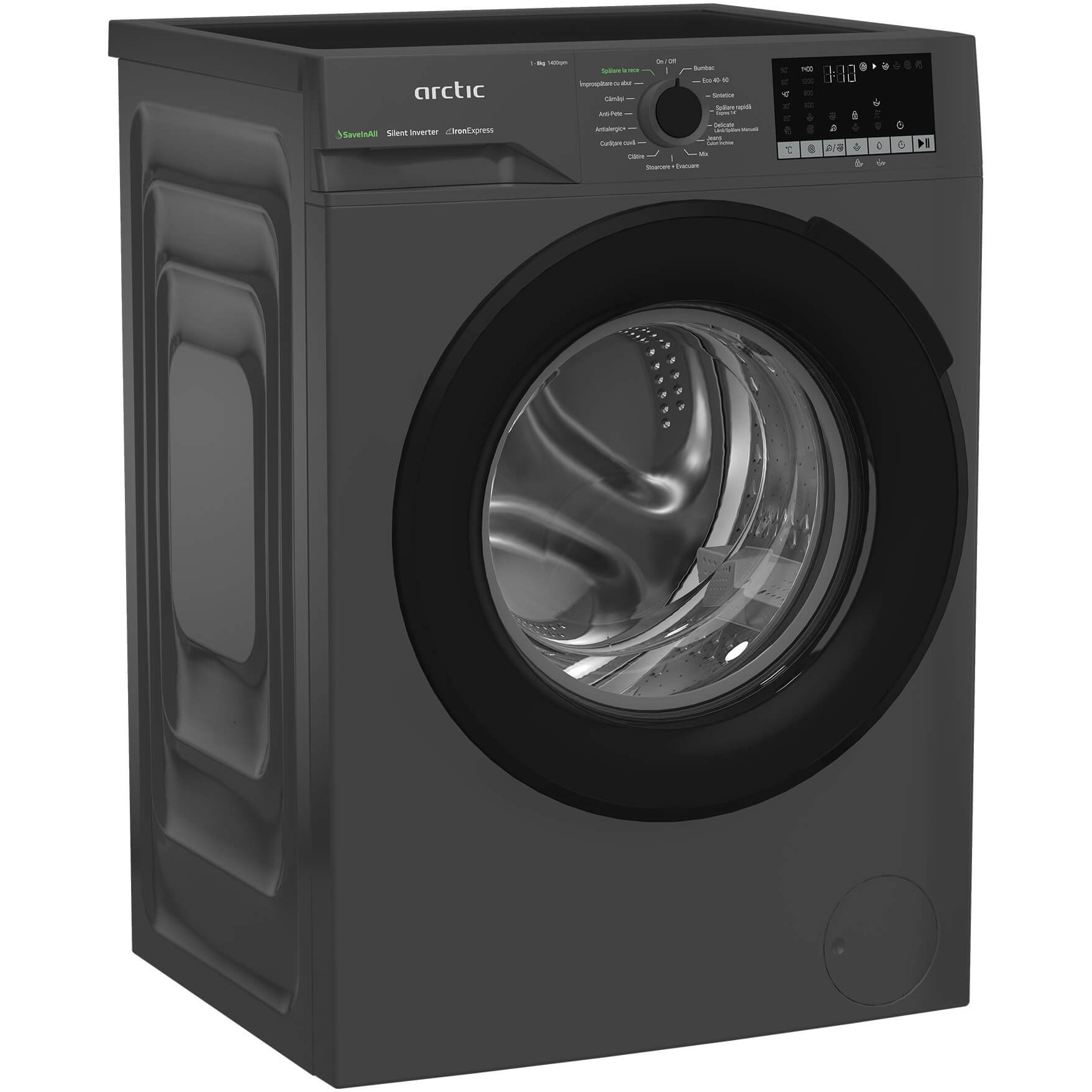 Masina de spalat rufe Arctic APLM2WFSU28411A, 8 Kg, 1400 RPM, Clasa energetica A, Motor Silent Inverter, ExtraSteam, IronExpress, Recycled Tub, Fast/Intensive, Steam, WaterMode (Water Saving - Extra Rinse), Prewash, Child Lock, Add-In, Anthracite