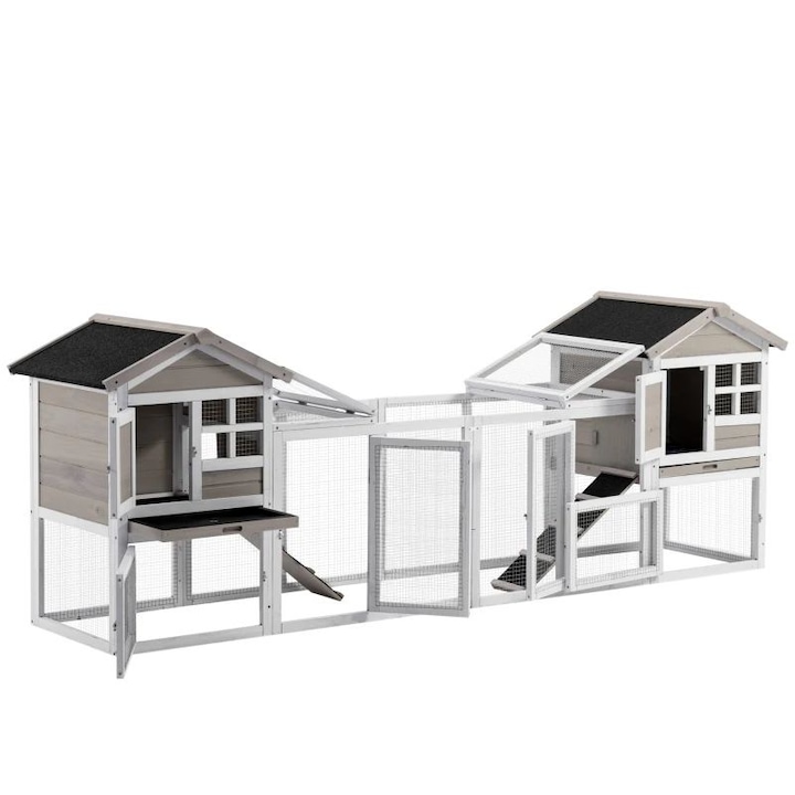 Kültéri dupla ketrec házi kedvenceknek, 2 házzal és futórámpákkal, 259 x 64 x 92 cm, fekete/fehér