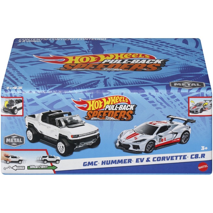 Hot Wheels Pull Back fémautó készlet, 2db, Gmc Hummer Ev és Corvette C8R, 1:43
