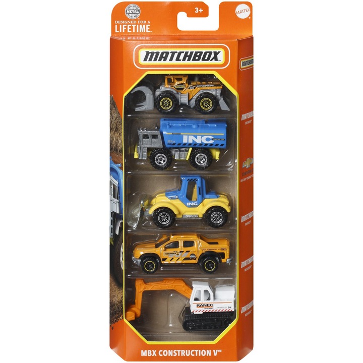 Комплект 5 метални коли Matchbox - Construction V, 1:64
