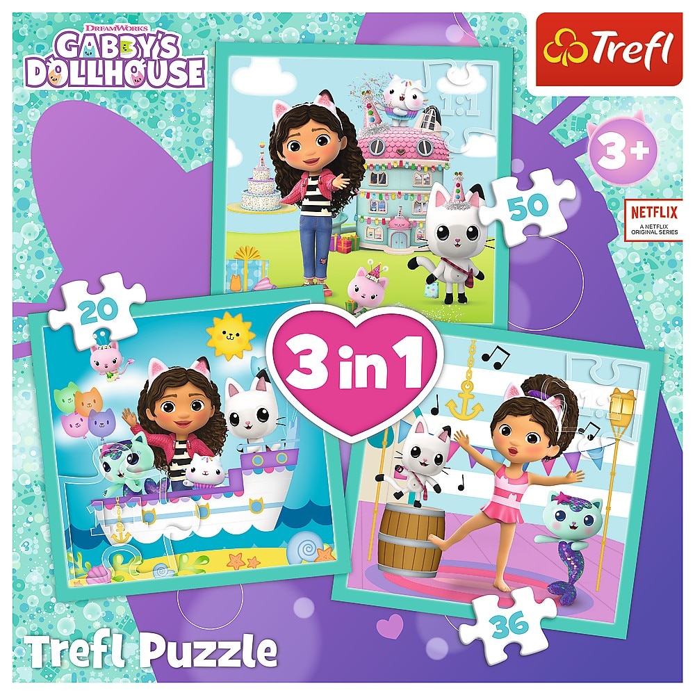 Puzzle Trefl 3 in 1 - Gabbys Dollhouse, Activitatile Lui Gabby - eMAG.ro