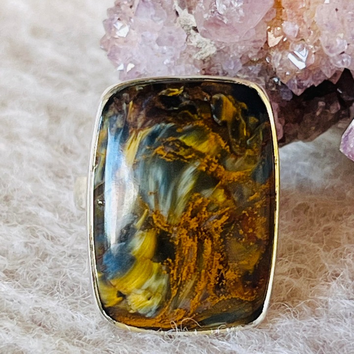 Inel ajustabil pietersit din argint, piatra furtunii, Druzy