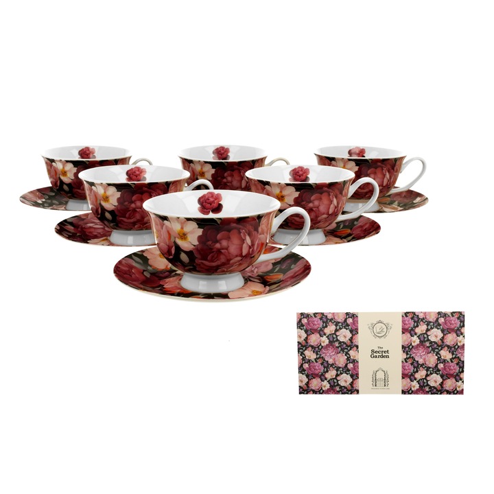 Set 6 cesti regale cu farfurioare Trandafiri de primavara negri, 250 ml