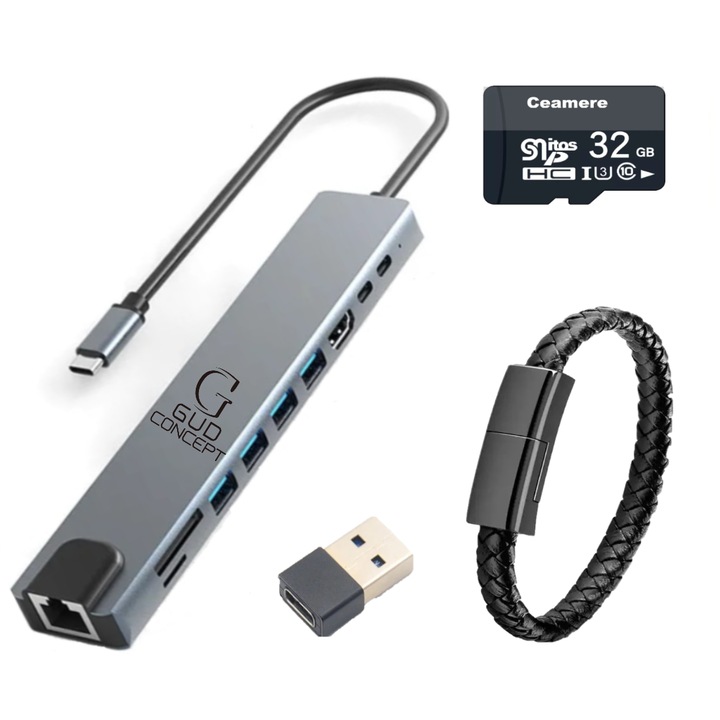 HUB Adaptor multiport 8 in 1, GUD CONCEPT®, intrare Type-C, iesire LAN RJ45 Ethernet, HDMI 4k, USB-C PD 68W, USB-C 3.1, 2*USB 3.0, SD/TF Card, Aluminiu, accesorii Memory Card si Bratara Cablu de date Type C