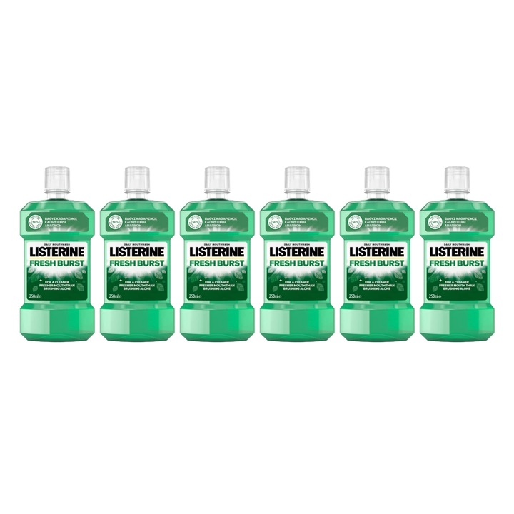 Set 6 X Listerine Apa Gura Fresh Burst 250ml, proprietati antimicrobiene puternice, reducerea placa dentara, reduce inflamatia gingivala, respiratie proaspata, proprietati antiseptice, adaos eficient la rutina zilnica de ingrijire orala