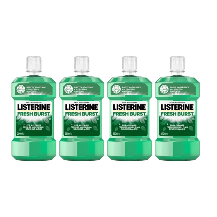 Set 4 X Listerine Apa Gura Fresh Burst 250ml, proprietati antimicrobiene puternice, reducerea placa dentara, reduce inflamatia gingivala, respiratie proaspata, proprietati antiseptice, adaos eficient la rutina zilnica de ingrijire orala