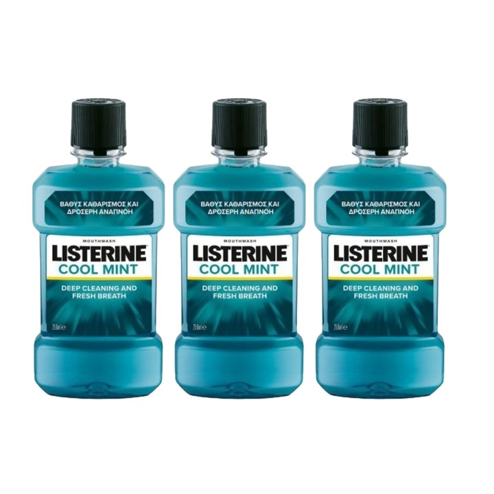 Set 3 X Listerine Apa Gura Cool Mint 250ml, proprietati antimicrobiene puternice, reducerea placa dentara, reduce inflamatia gingivala, respiratie proaspata, proprietati antiseptice, adaos eficient la rutina zilnica de ingrijire orala