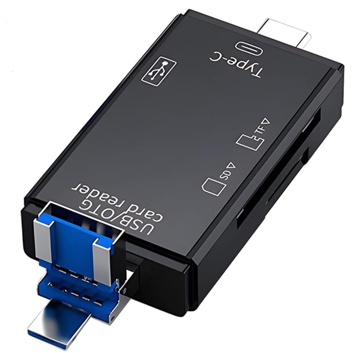 Cititor de carduri 6in1, porturi USB 3.0, Type C, MicroUSB, SD, sloturi SD, microSD si USB, negru