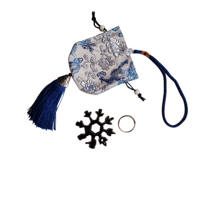 Saculet de cadou pentru orice ocazie cu model chinezesc, 2.36 x 2.36 inch, albastru/argintiu