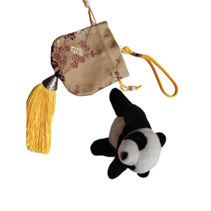 Saculet de cadou pentru orice ocazie cu model chinezesc auriu cu model brodat cu floare de prun& Eticheta pentru frigider panda din plus, 3.94 inch