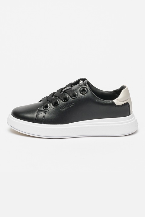 CALVIN KLEIN, Pantofi sport de piele cu sireturi, Negru/Argintiu
