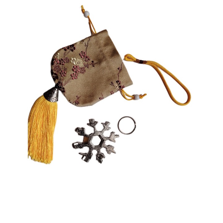 Saculet de cadou pentru orice ocazie cu model chinezesc, 2.36 x 2.36 inch, auriu cu model brodat cu floare de prun