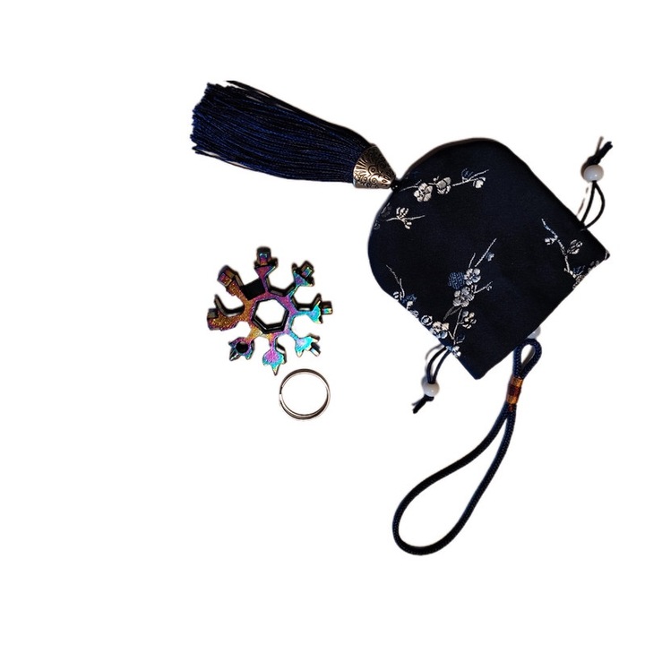 Saculet de cadou pentru orice ocazie cu model chinezesc, 2.36 x 2.36 inch, albastru cu model brodat cu floare de prun