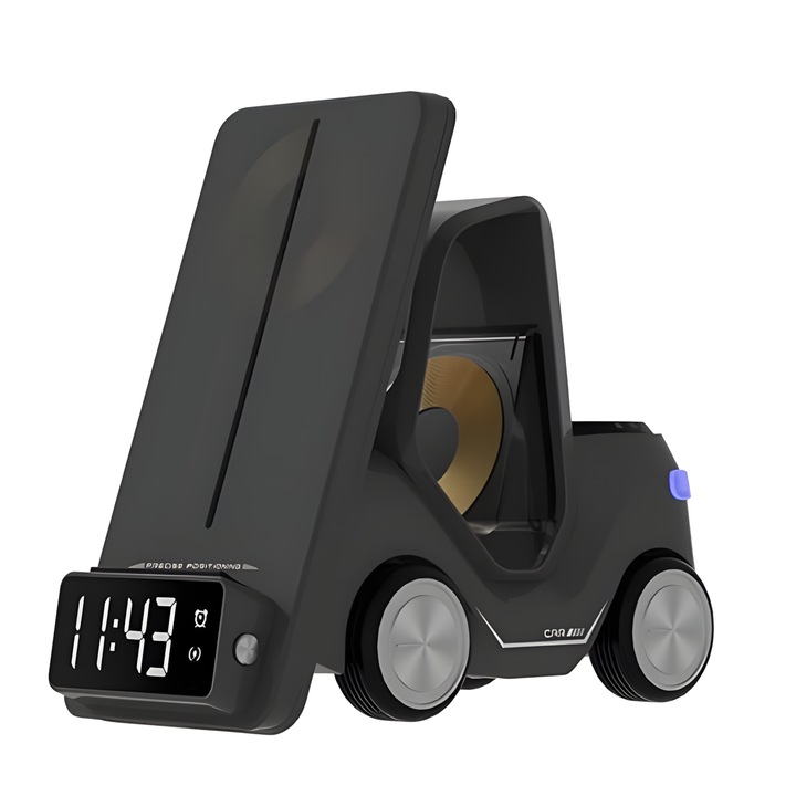 5 в 1 безжична станция за зареждане, Element-x® бързо зареждане до 15 W на Apple устройства, iPhone 15/14/13/12, за AirPods Pro/3/2, за Apple Watch/iWatch с будилник и лека нощ, Мотокар форма, сиво