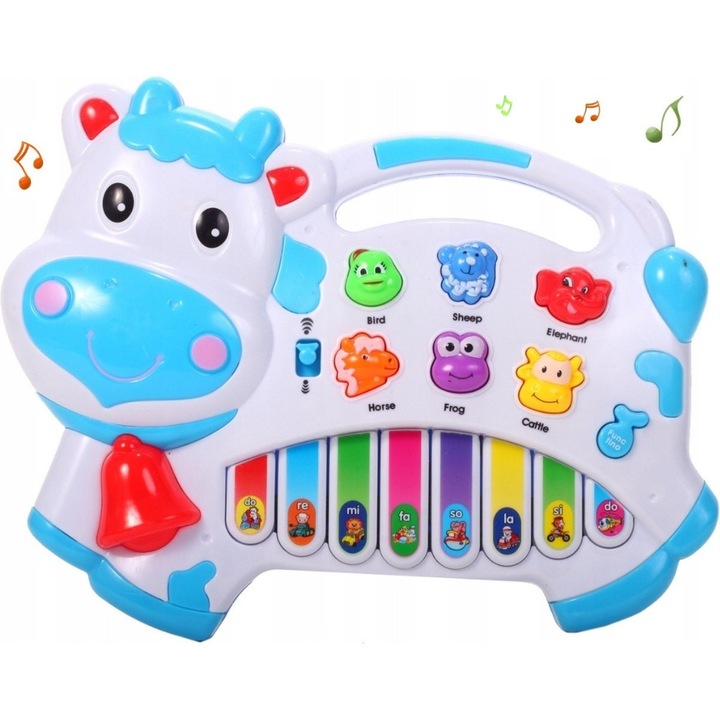 Pian Interactiv in Forma de Vacuta, Include Cantecele in Limba Engleza, cu Sunete de Animale, Functie Switch, 24x18 cm, Indiggo, Alb/Albastru