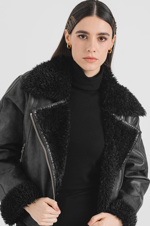 Max&Co, Jacheta din piele ecologica Bolla, Negru/Gri inchis