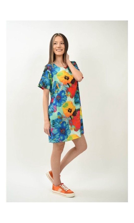 Rochie scurta cu maneca scurta splendidozzo multicolora cu flori, Multicolor, One Size