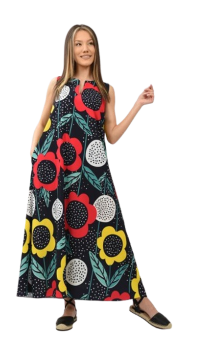 Рокля без ръкави, с флорални щампи, с джобове, Многоцветен, One Size