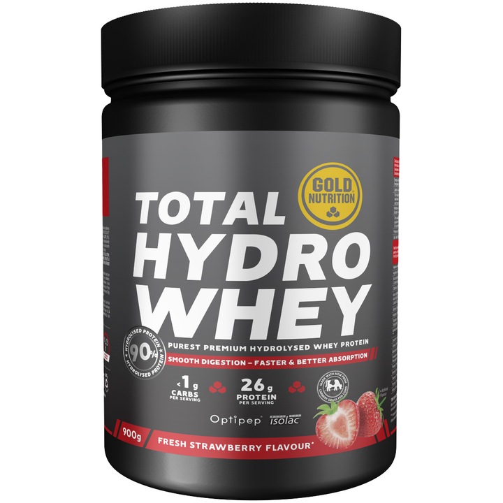 Proteine hidrolizate din zer GoldNutrition Total hydro whey aroma capsuni, 900g