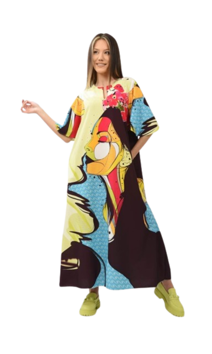 Дълга поп арт рокля Melek с джобове и къси изпъкнали ръкави, Многоцветен, One Size