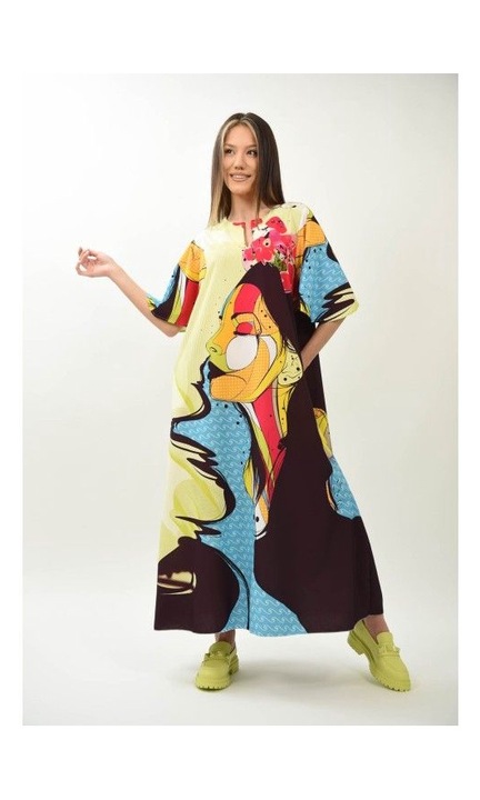 Rochie lunga pop art melek cu buzunare si maneca scurta evazata, Multicolor, One Size