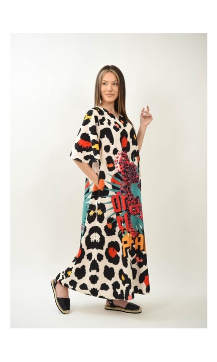 Hosszú ruha színes díszítéssel, többszínű szafari csengőujjakkal, Többszínű, One Size