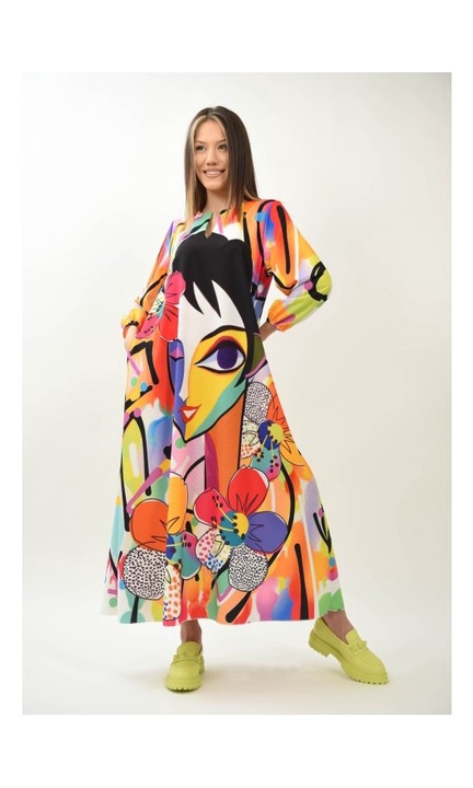 Florile intalnesc arta - rochie lunga cu buzunare si print modern flower face, Multicolor, One Size