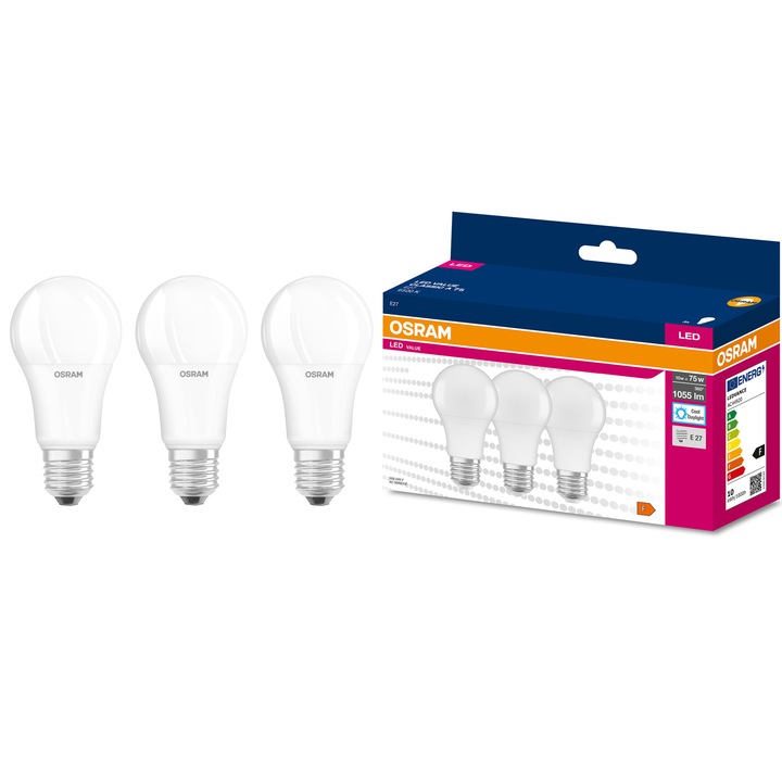 Комплект 3 LED крушки OSRAM Value A75, E27, 10W (75W), 1055 лумена, Студена светлина (6500K), Енергиен клас F