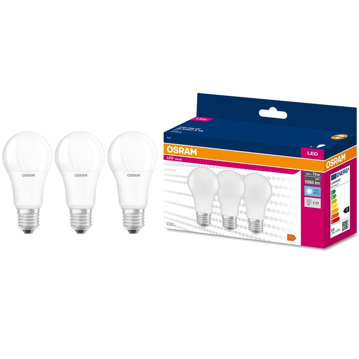 Комплект 3 LED крушки OSRAM Value A75, E27, 10W (75W), 1055 lm, Неутрална светлина (4000K), Енергиен клас F