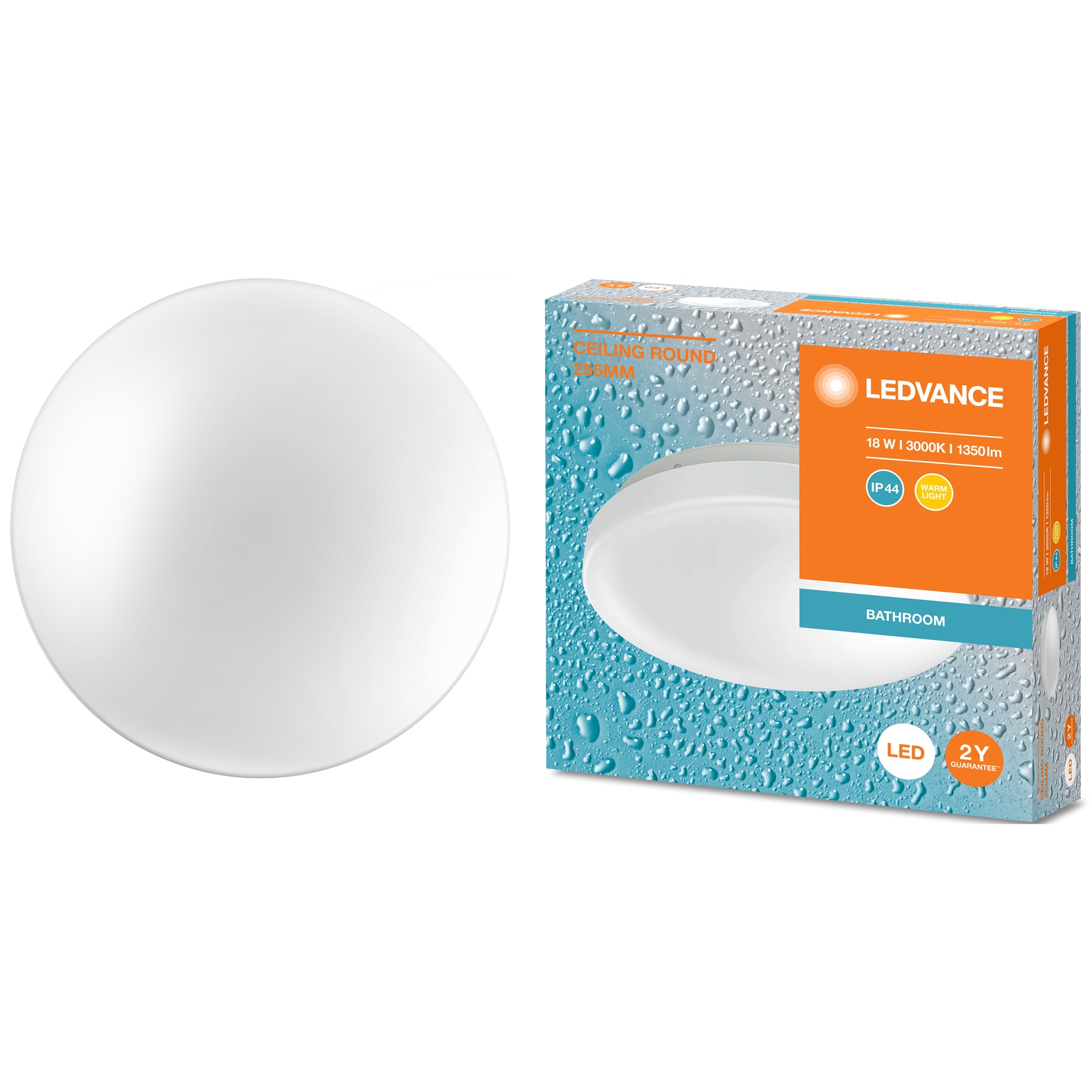Plafoniera LED pentru baie Ledvance 18W, 1350 lm, lumina calda (3000K), IP44, IK03, 255x70 mm, montaj aplicat, Alb, clasa energetica F