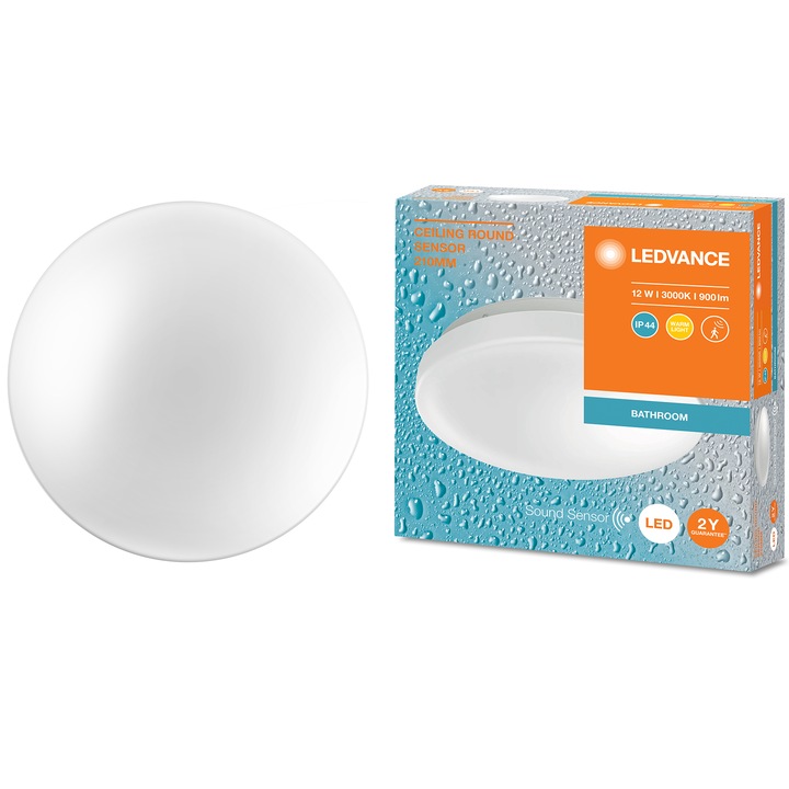 Плафон за баня LED Ledvance, 12W, Със сензор за движение и звук, 900 лумена, Студена светлина (3000K), IP44, IK03, 210x62 мм, Апликиране, Бял, Енергиен клас F