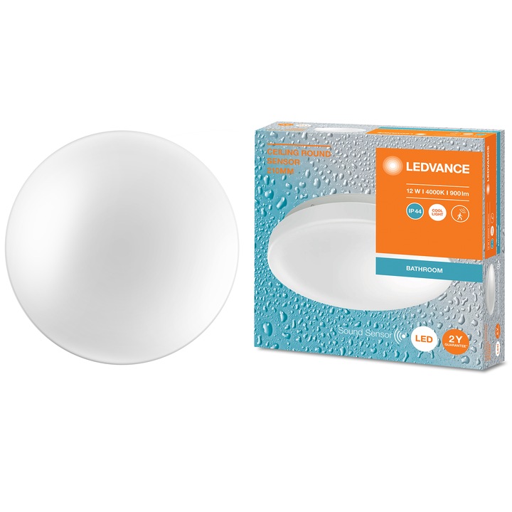 Плафон за баня LED Ledvance, 12W, Със сензор за движение и звук, 900 лумена, Неутрална светлина (4000K), IP44, IK03, 210x62 мм, Апликиране, Бял, Енергиен клас F