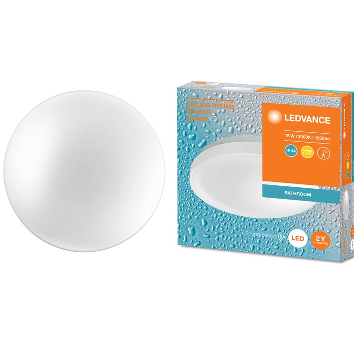 Плафон за баня LED Ledvance, 18W, Със сензор за движение и звук, 1350 лумена, Топла светлина (4000K), IP44, IK03, 255x70 мм, Апликиране, Бял, Енергиен клас F