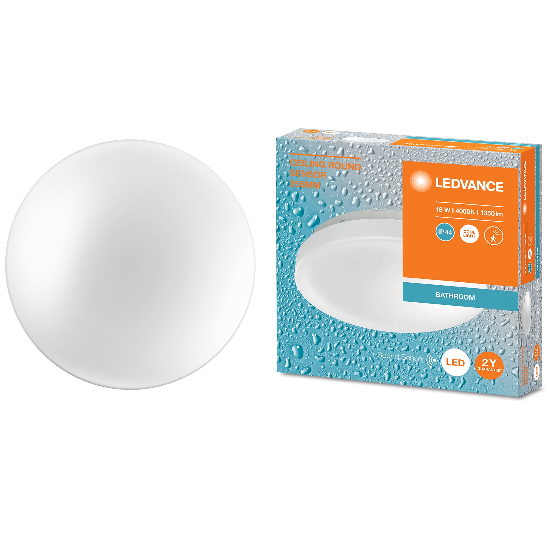 Plafoniera LED pentru baie LEDVANCE 18W cu senzor acustic si de lumina, 1350 lm, lumina neutra (4000K), IP44, IK03, 255x70mm, montaj aplicat, Alb, clasa energetica F