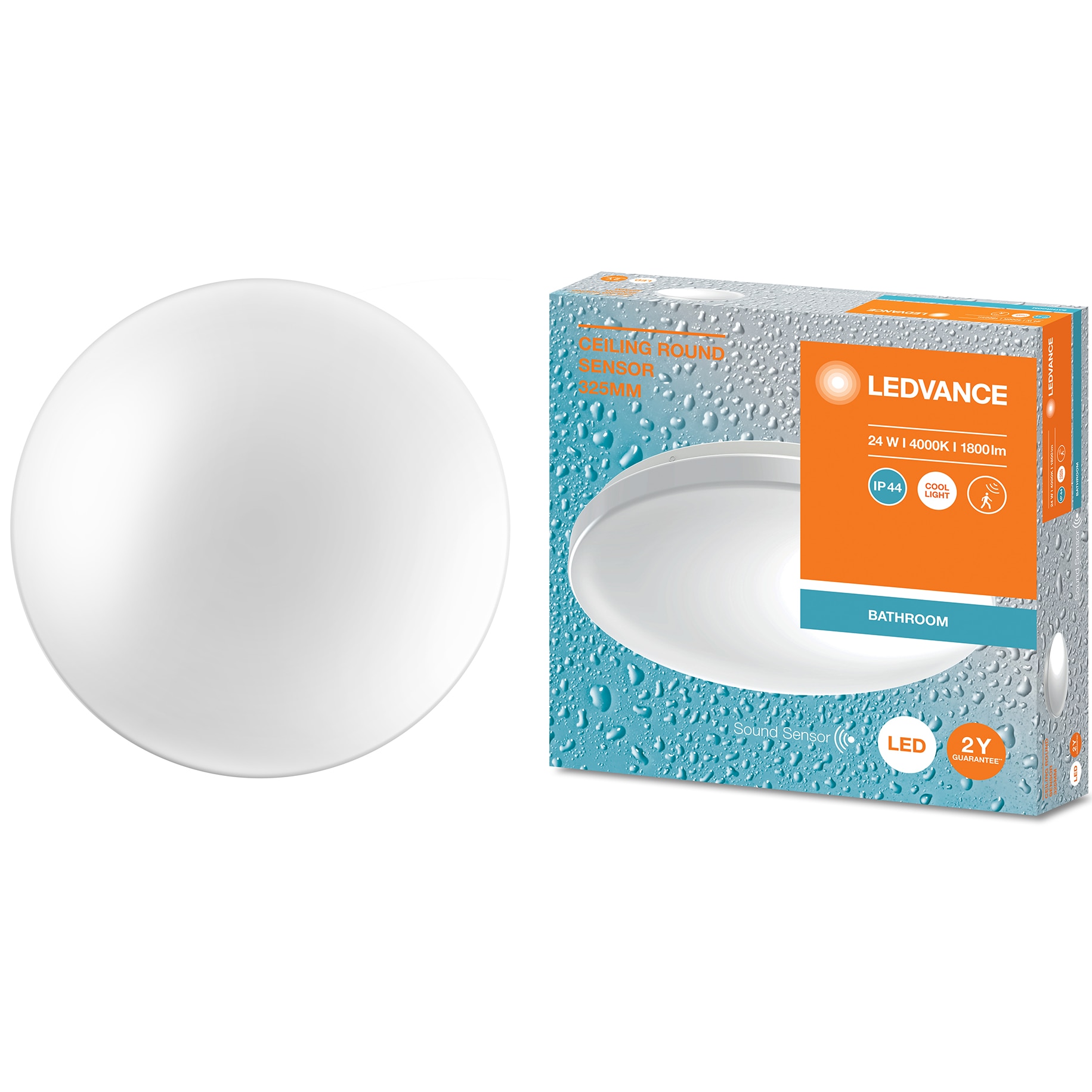 Plafoniera LED pentru baie LEDVANCE 24W cu senzor acustic si de lumina, 1800 lm, lumina neutra (4000K), IP44, IK03, 325x72mm, montaj aplicat, Alb, clasa energetica F