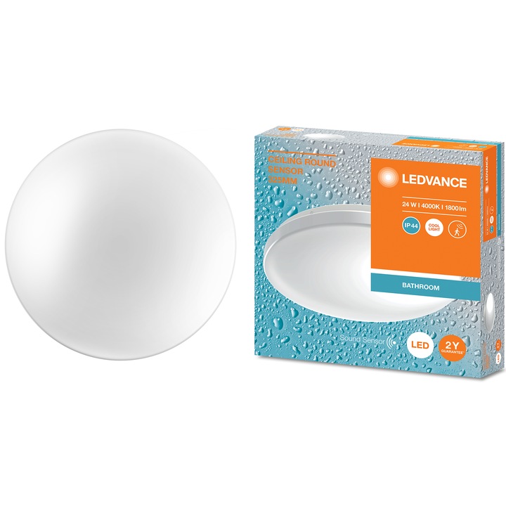 Плафон за баня LED Ledvance, 24W, Със сензор за движение и звук, 1800 лумена, Неутрална светлина (4000K), IP44, IK03, 325x72 мм, Апликиране, Бял, Енергиен клас F