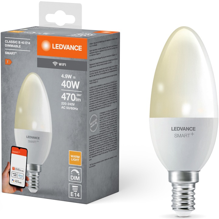 Смарт крушка LED LEDVANCE Smart+ WiFi, B40, E14, 4.9W (40W), 470 лумена, топла светлина (2700K), димируема, съвместима с приложението LEDVANCE Smart+ WiFi/Amazon Alexa/Google Assistant, Енергиен клас F