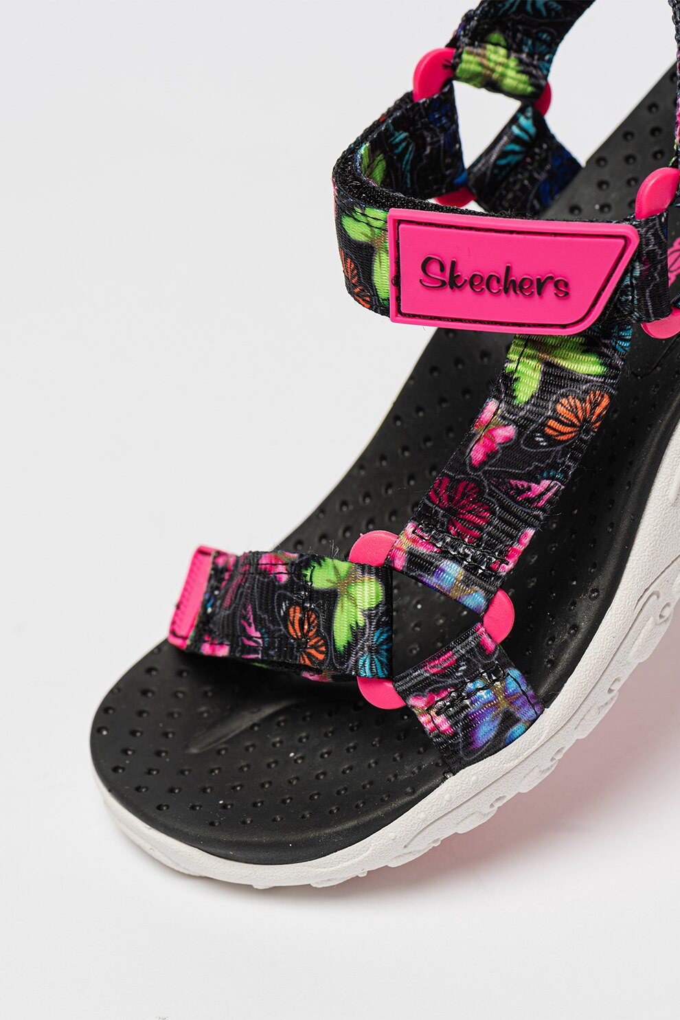 Skechers, Sandale cu velcro si imprimeu Reggae, Negru, Roz, 32 EU