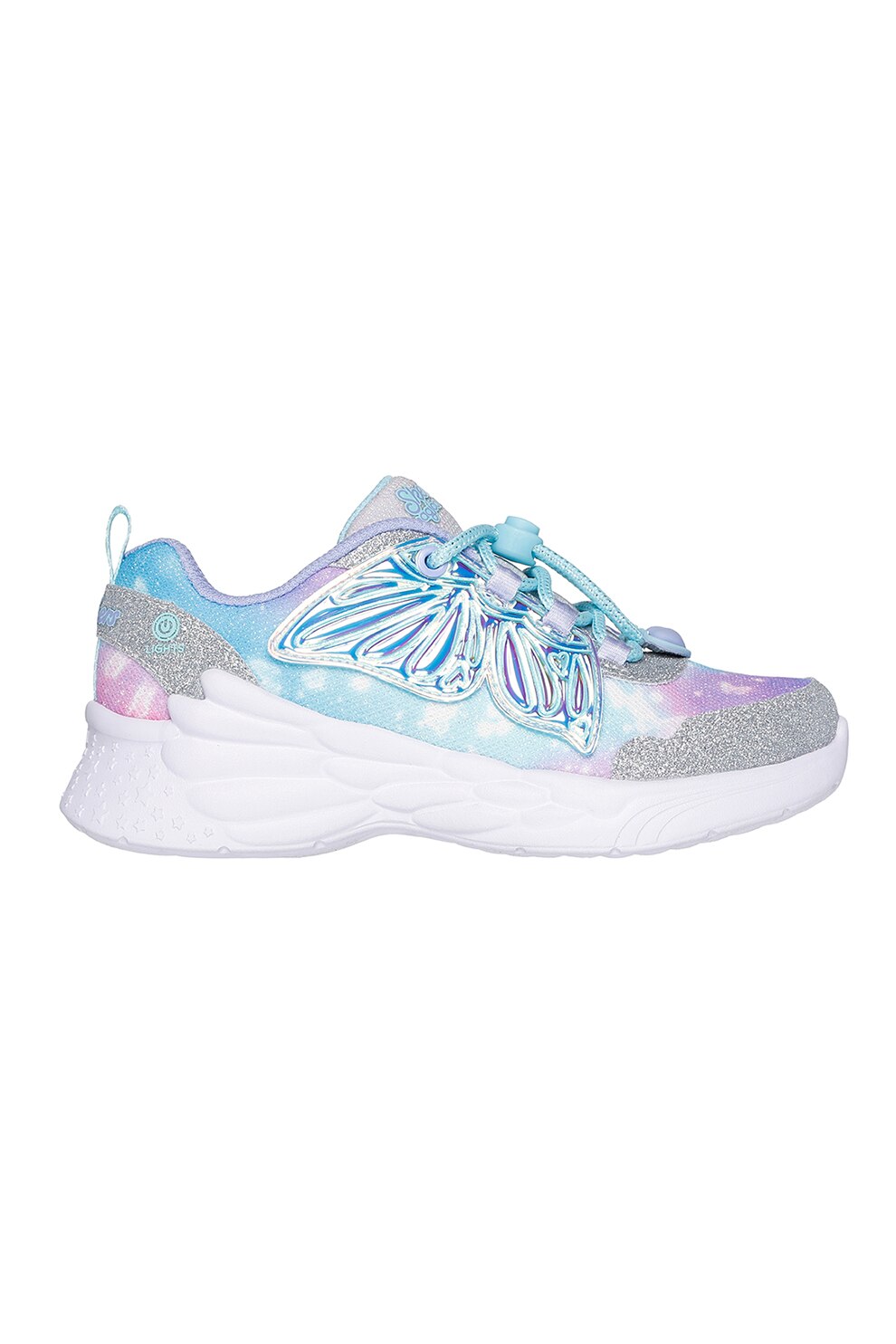 Skechers, Pantofi sport cu aspect stralucitor si LED-uri Dream Racer, Albastru deschis, Argintiu, 30 EU