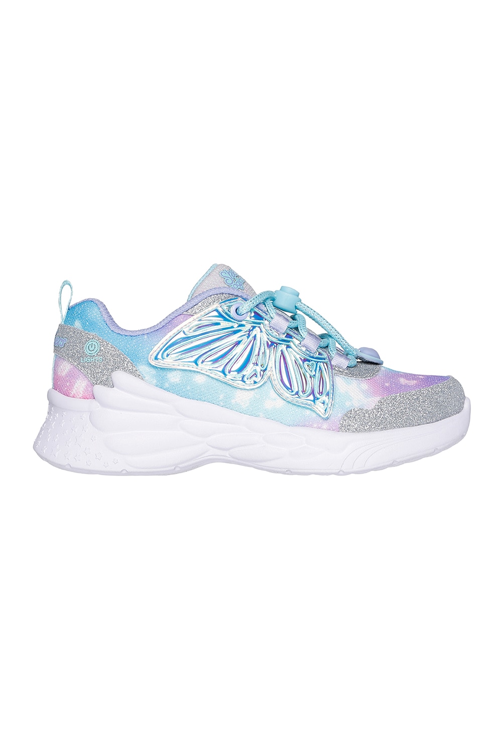 Skechers, Pantofi sport cu aspect stralucitor si LED-uri Dream Racer, Albastru deschis, Argintiu, 32 EU