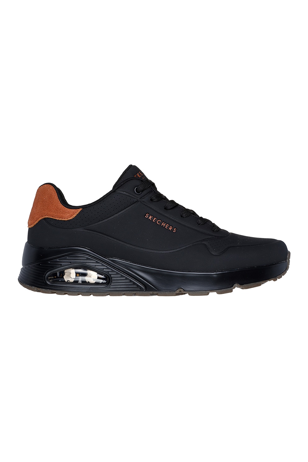Skechers, Pantofi sport cu insertii de piele intoarsa Uno-Suited On Air, Negru/Maro scortisoara