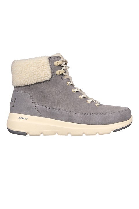 Skechers, Велурени боти Glacial Ultra-Wood с еко пух, Сив/Крем