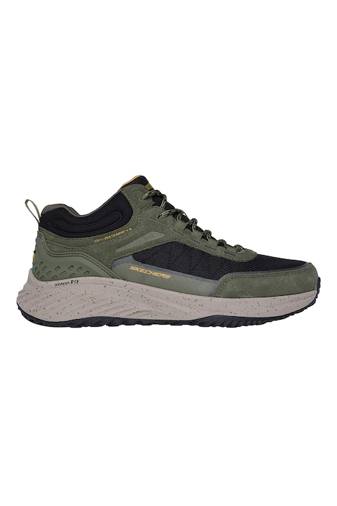 Skechers, Pantofi sport impermeabili cu insertii de piele nabuc, Verde masliniu