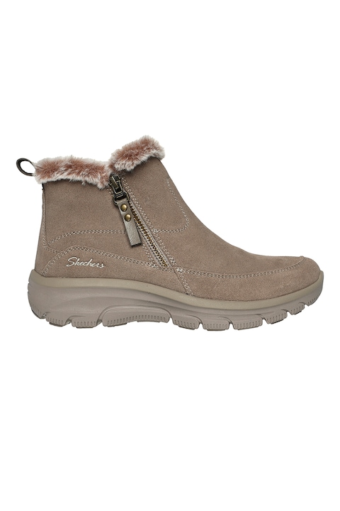Skechers, Ghete de piele intoarsa cu garnitura de blana sintetica, Maro taupe deschis