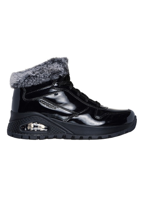 Skechers, Боти от лачена еко кожа с еко пух, Черен/Сив