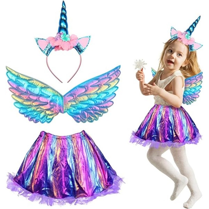 Costum Printesa Unicorn, JerrisApparel, Set cu Fusta, aripi si bentita, tinuta fetite cosplay, Halloween, petrecere, carnaval, bal mascat, marimea 140, Mov