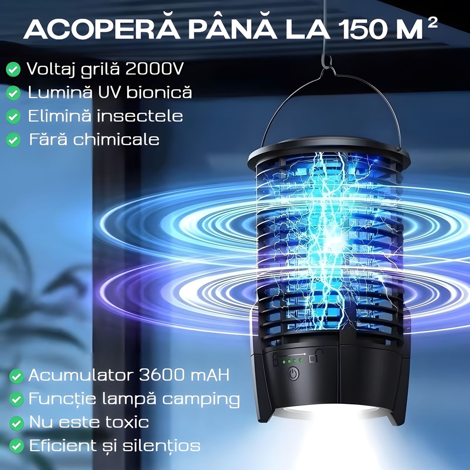 Преносима професионална UV лампа против насекоми, за дома или къмпинг, с  USB зареждане, вградена батерия, 360° излъчване, обхват на покритие 10-100  м, безшумна, с функция светеща лампа, за вътрешна и външна употреба,