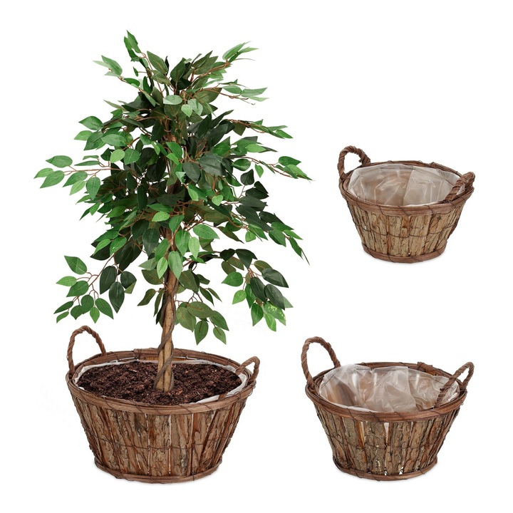 Set 3 ghivece rustice cu manere, pentru interior si exterior, rezistente la intemperii, confectionate manual, din scoarta de copac